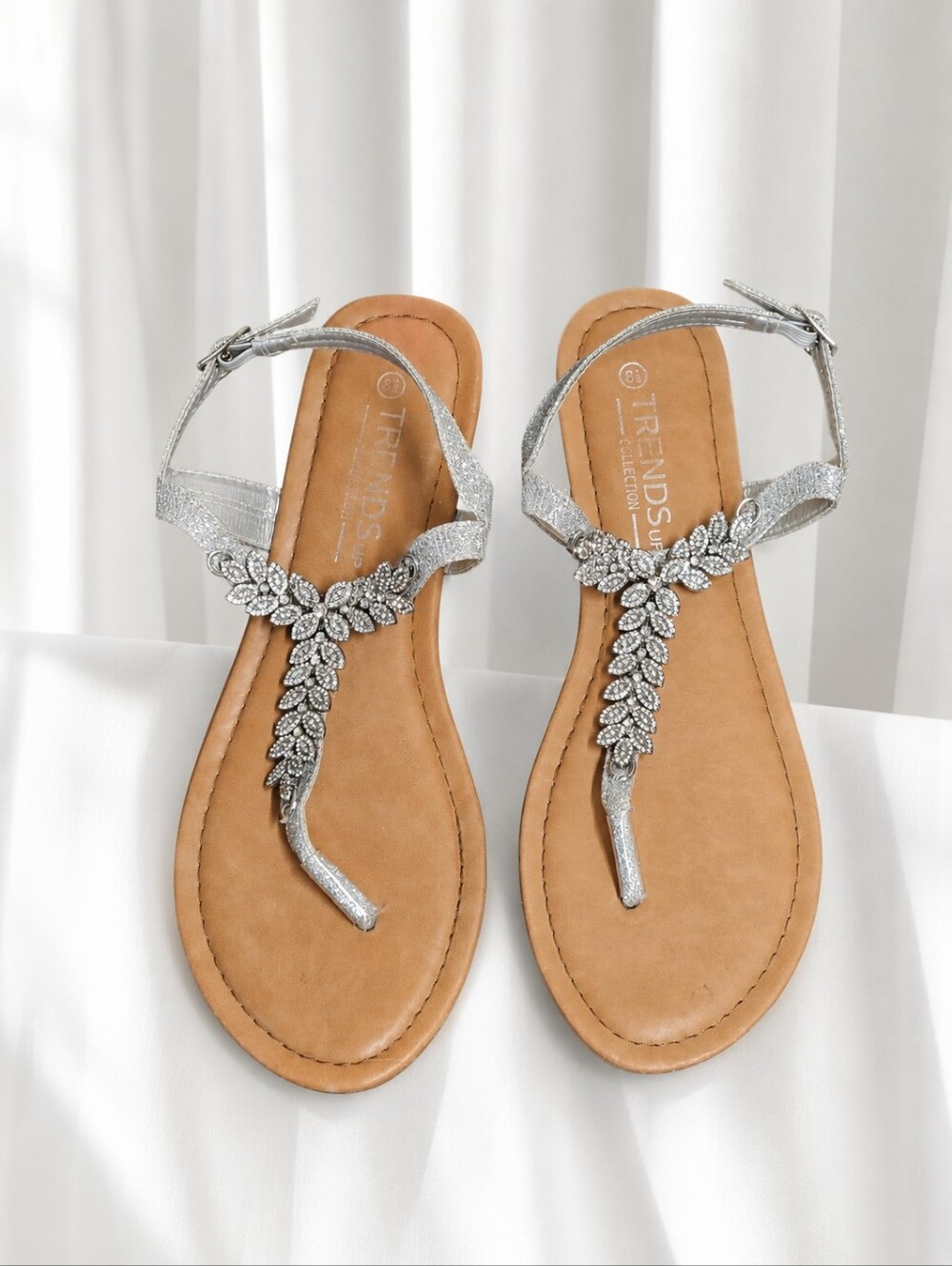 Trendsup Collection Silver Rhinestone T Strap Metallic Bridal Flats Glam Sandals